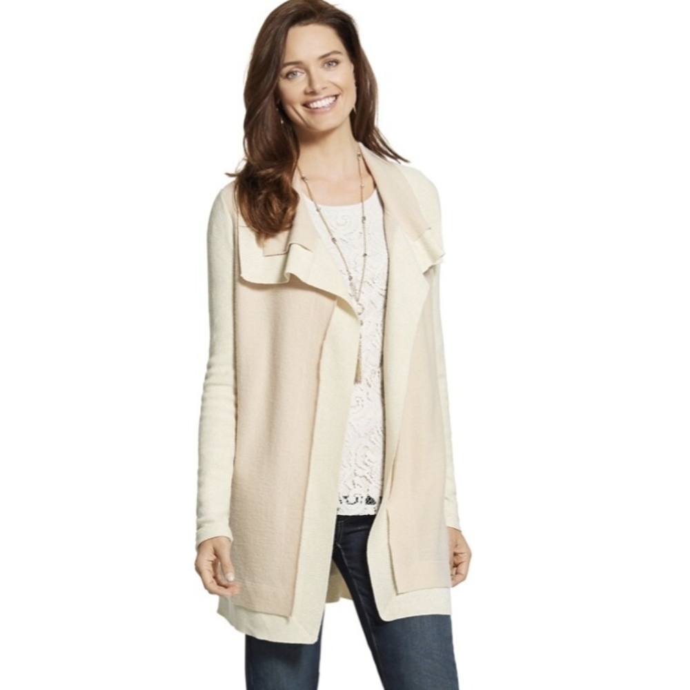 Chico's Mixed Media Wool Mix Open Boho Minimal Cardigan Dramatic Portrait collar